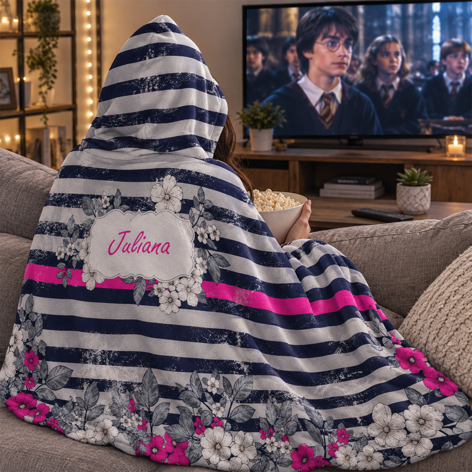 Person wearing personalized rustic diva hooded blanket as meaningful birthday gift

