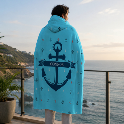 Person wearing personalized bluepeter hooded blanket as meaningful birthday gift
