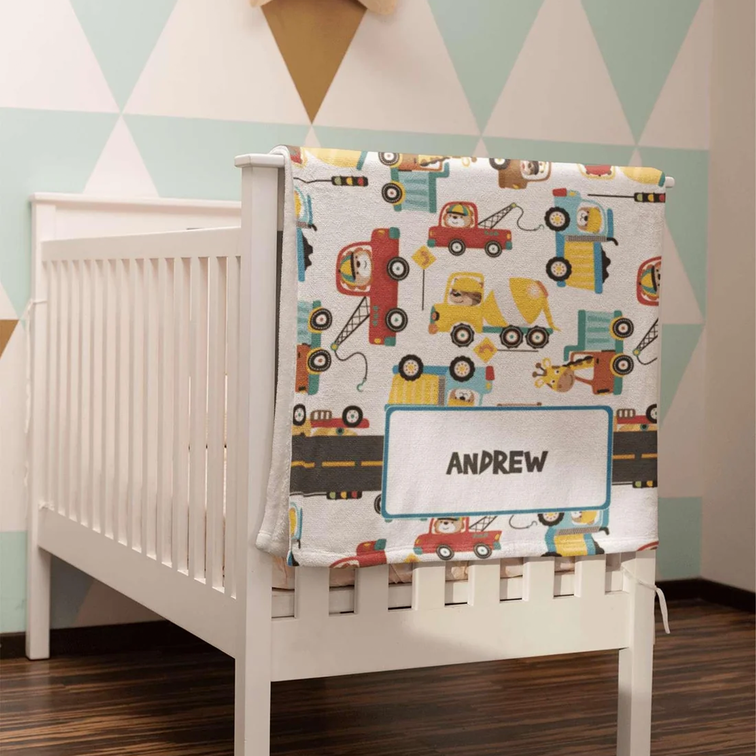 Custom name on construction toys fleece baby blanket as unique baby boy shower gift
