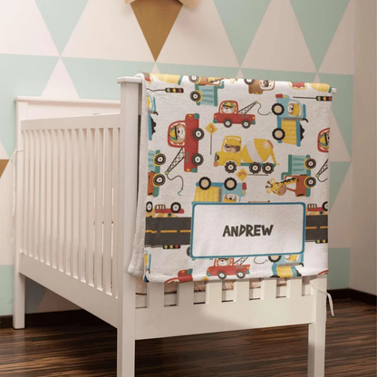 Custom name on construction toys fleece baby blanket as unique baby boy shower gift
