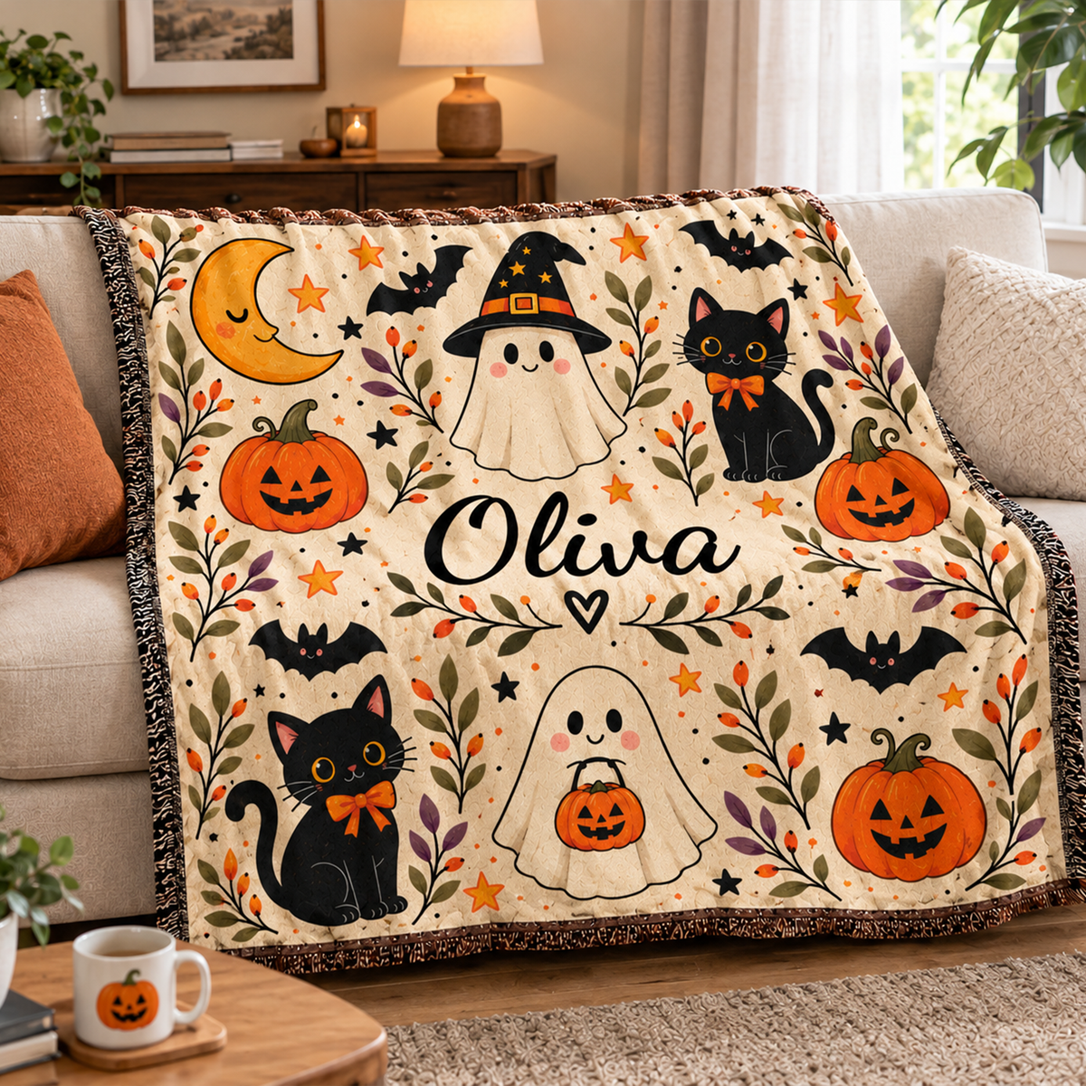 Ghost Pumpkin Personalized Halloween Woven Throw Blanket | Custom Name Gift for Kids & Adults
