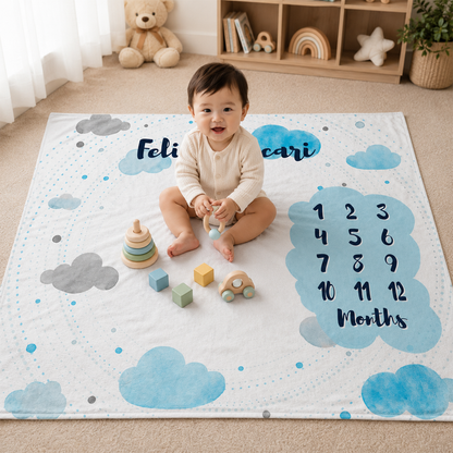 Baby playing in personalized watercolor clouds milestone blanket as beautiful shower gift
