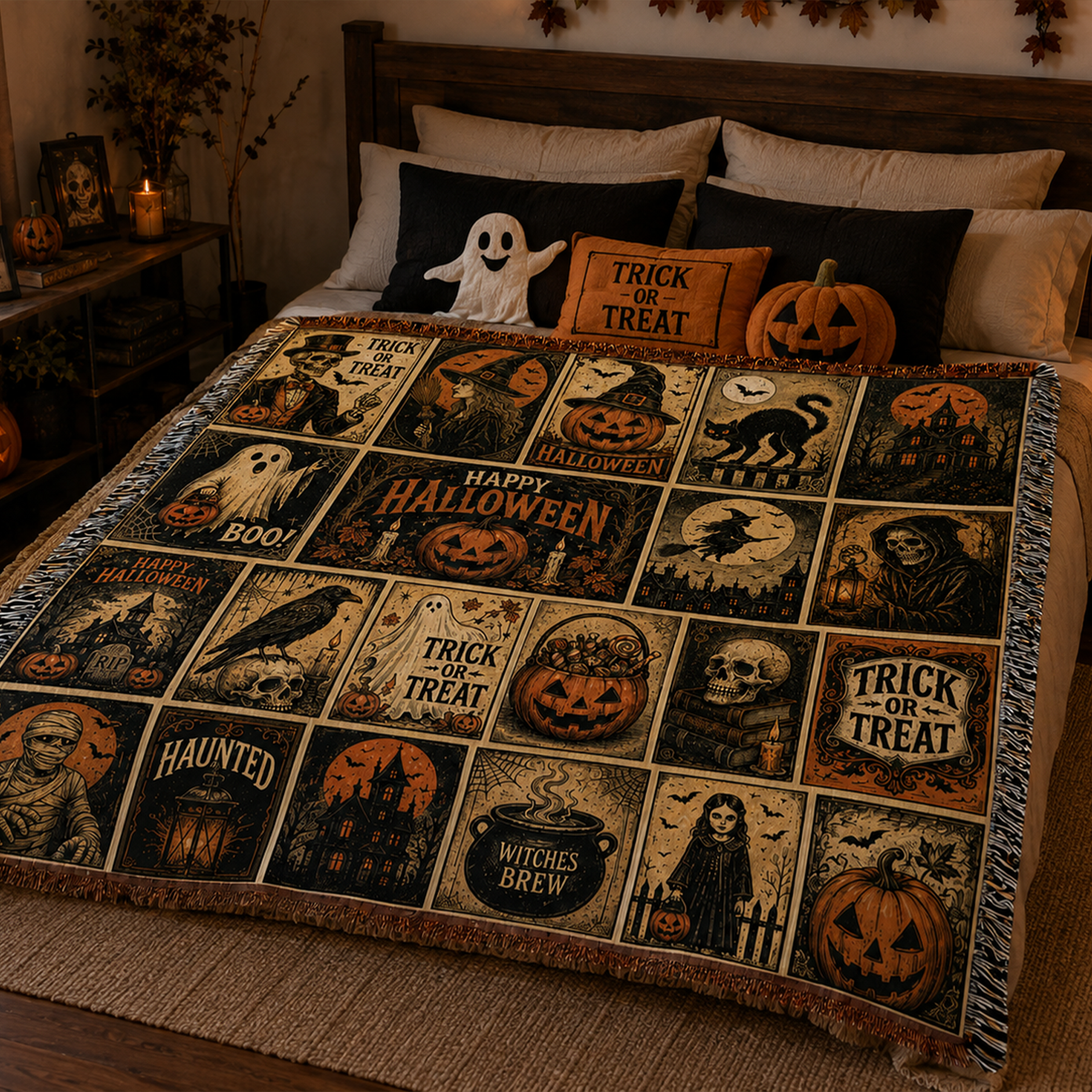 Vintage Ghost and Black Cat Halloween Woven Throw Blanket for Fall Decor