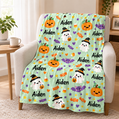 Custom name on cute Halloween polyester fleece throw blanket as personalized kids gift
