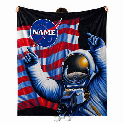 Custom name on American astronaut polyester fleece throw blanket for space lovers

