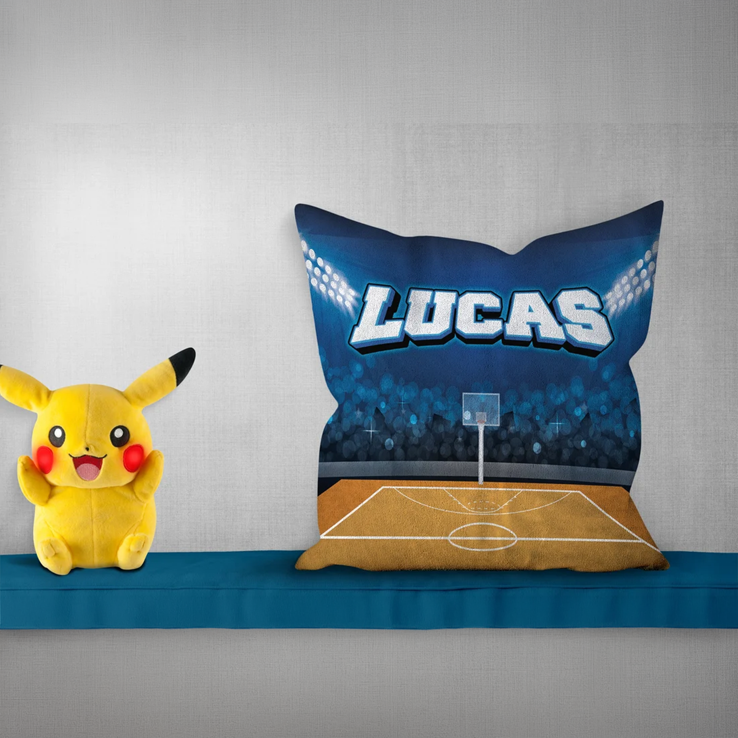 Basketball court personalized throw pillow with custom name in bold sports design
