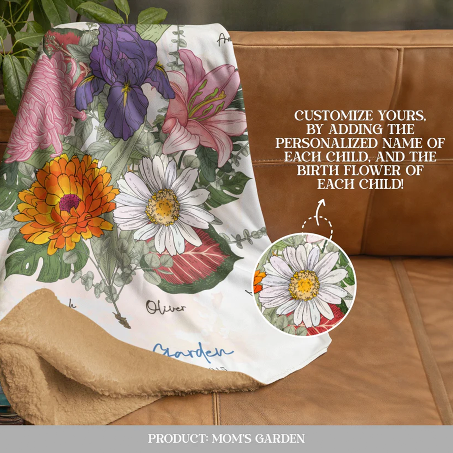 Custom birth flower fleece throw blanket personalized for every family member
