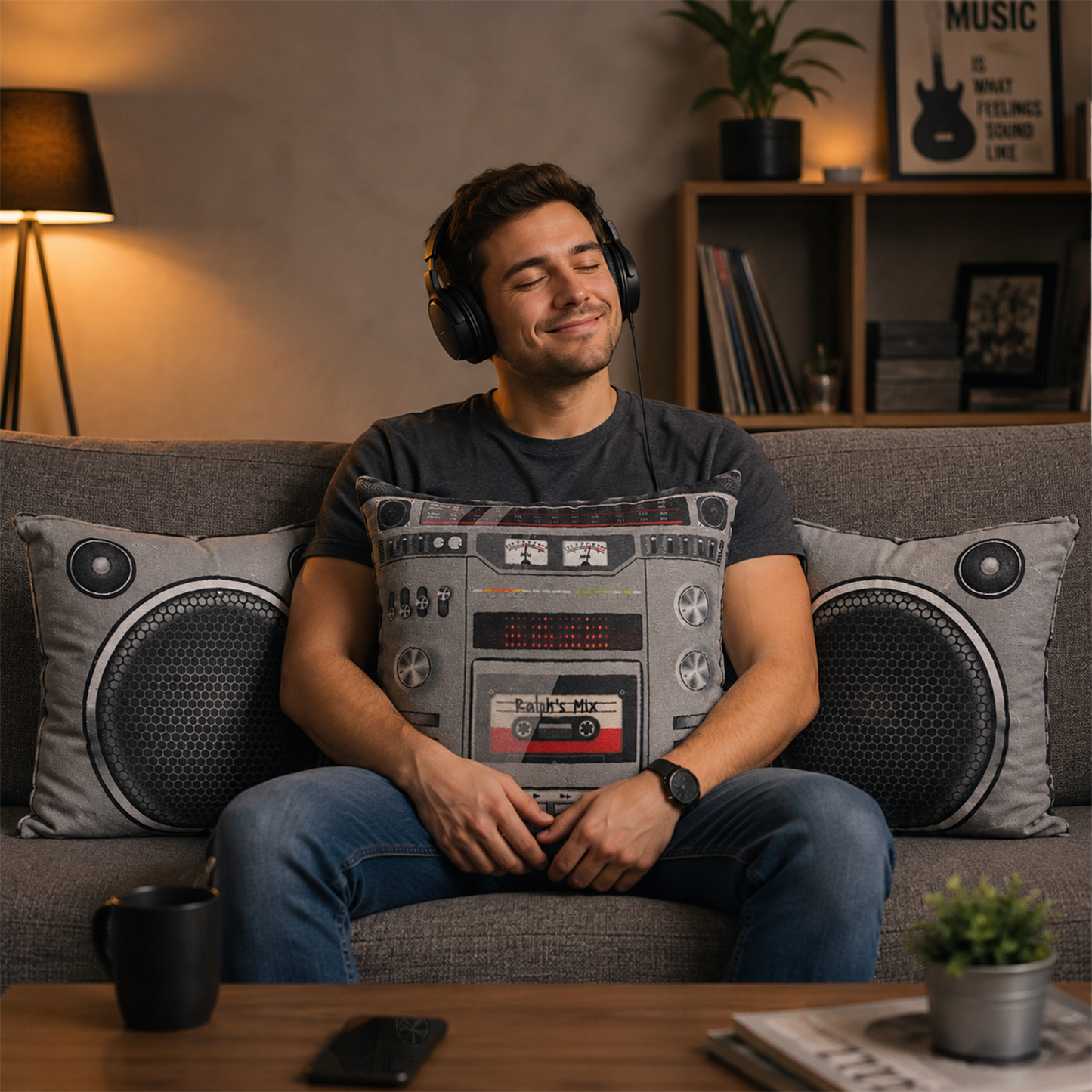 Boom box personalized throw pillow set with custom name and song in retro design
