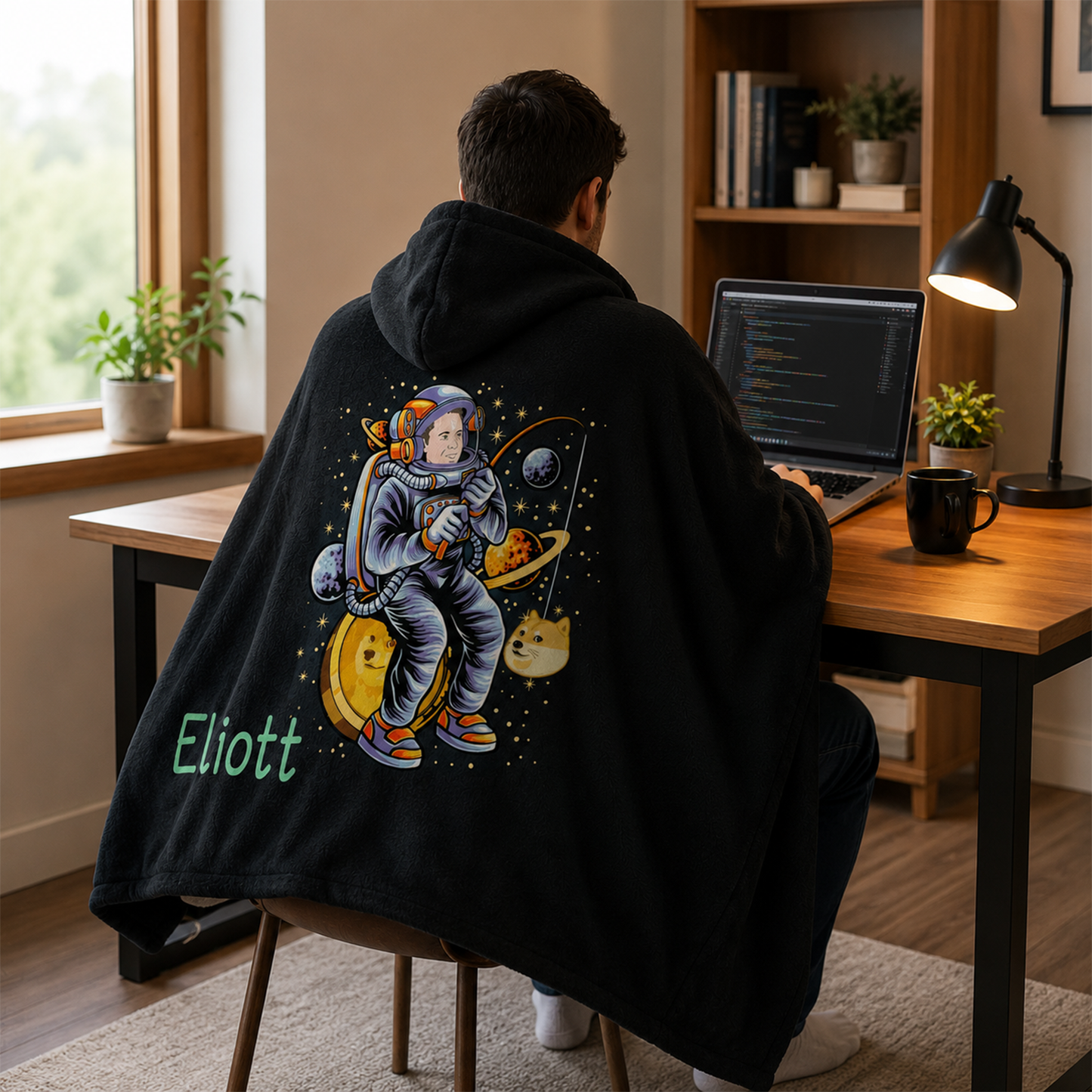 Custom name on Dogecoin fishing Minky fleece hooded wearable blanket for Doge lovers
