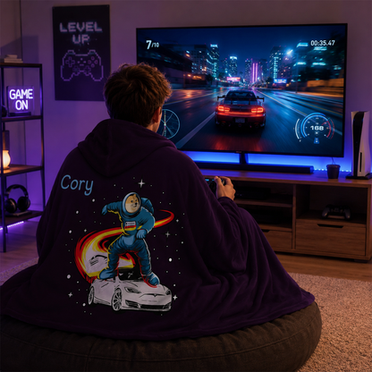 Custom name on Dogecoin space surf Minky fleece hooded wearable blanket for Doge lovers
