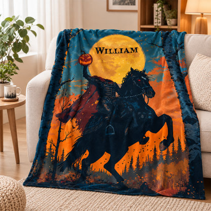 Custom name on headless horseman Halloween fleece throw blanket as bold gothic birthday gift
