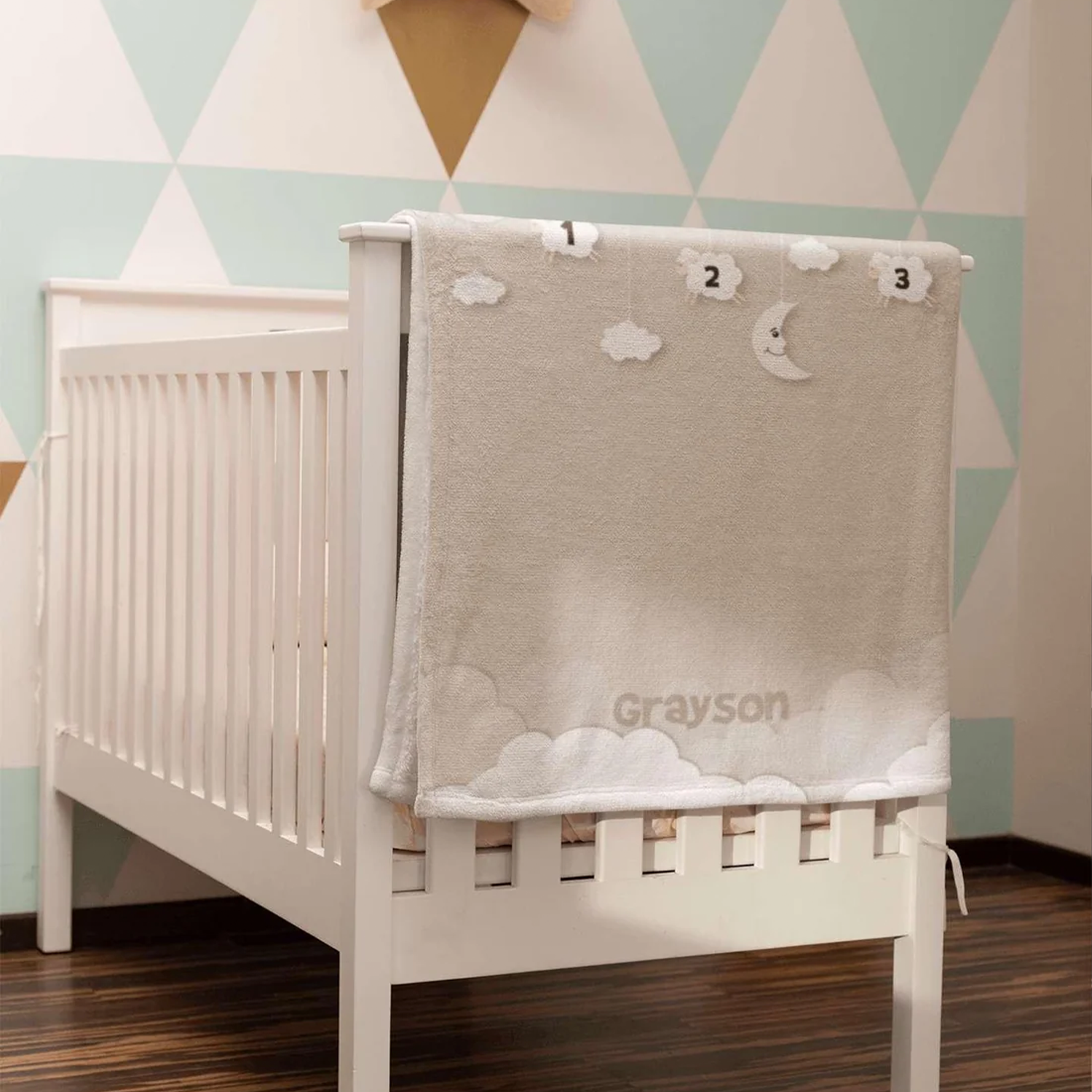 Custom name on counting sheep gray fleece baby blanket as soothing newborn shower gift
