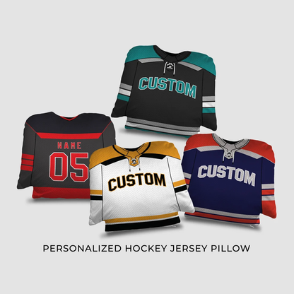 Hockey jersey personalized throw pillow showing custom name number and team design