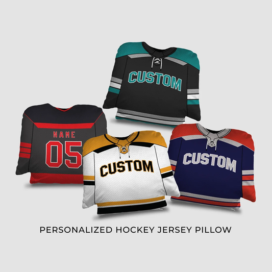 Hockey jersey personalized throw pillow showing custom name number and team design