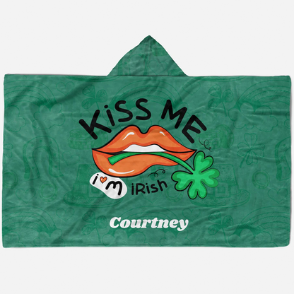 Close-up of custom name on kiss me Irish Minky fleece hooded wearable blanket
