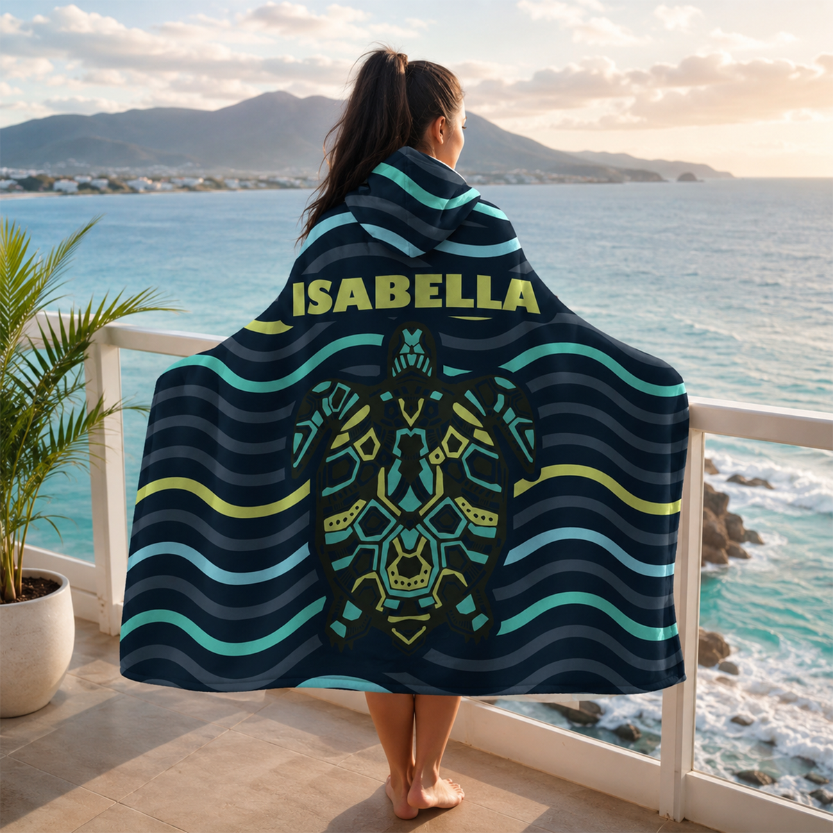 Person wearing personalized lingering turtle hooded blanket as meaningful birthday gift
