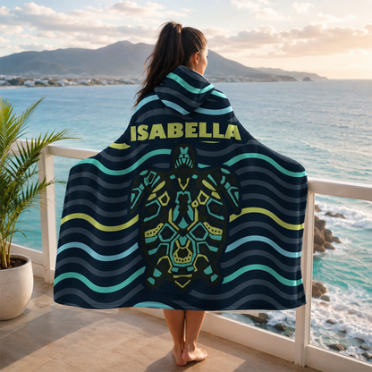 Person wearing personalized lingering turtle hooded blanket as meaningful birthday gift
