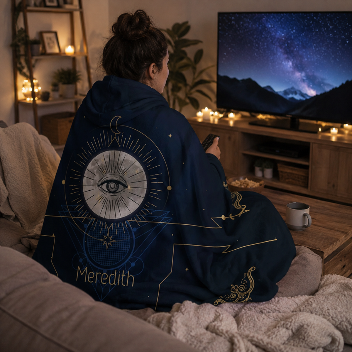 Person wearing personalized mother earth hooded blanket as meaningful birthday gift
