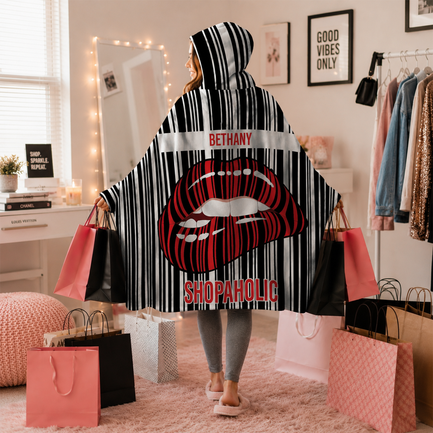 Custom name on shopaholic Minky fleece hooded wearable blanket for shopping lovers and women
