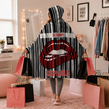 Custom name on shopaholic Minky fleece hooded wearable blanket for shopping lovers and women
