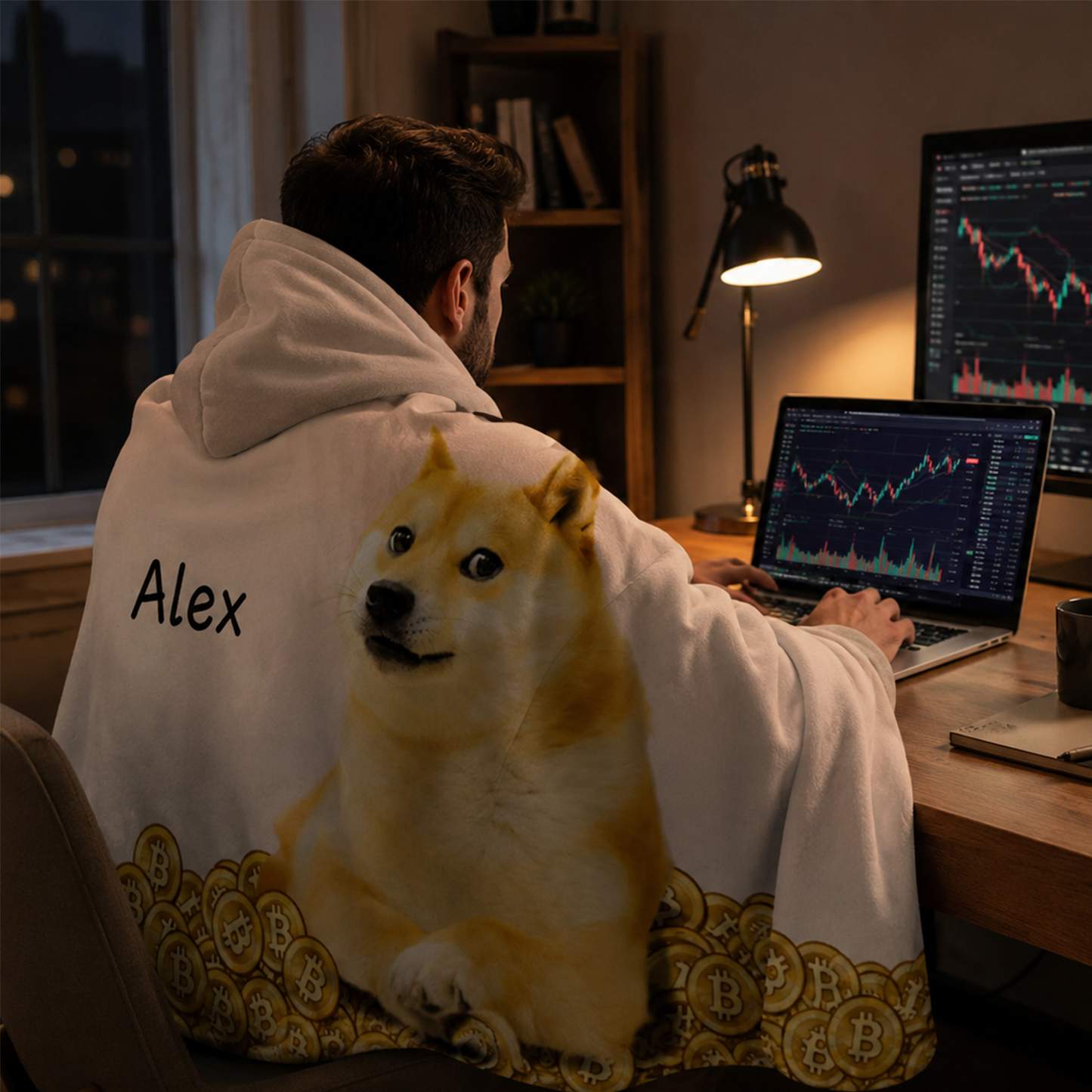 Custom name on Dogecoin Shiba Inu Minky fleece hooded wearable blanket for Doge fans

