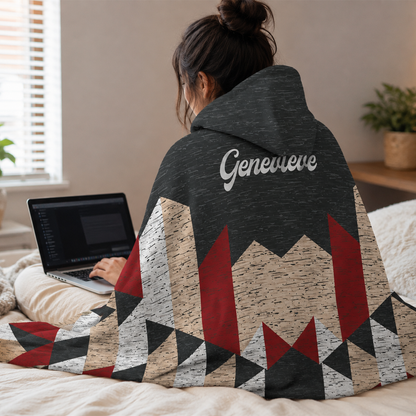 Person wearing personalized matrix hooded blanket as meaningful birthday gift
