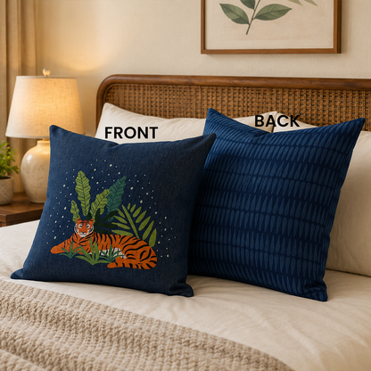Bold resting tiger tribal cotton throw pillow for boho and animal print home decor
