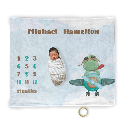 Custom name on dinosaur milestone fleece blanket tracking first year baby milestones
