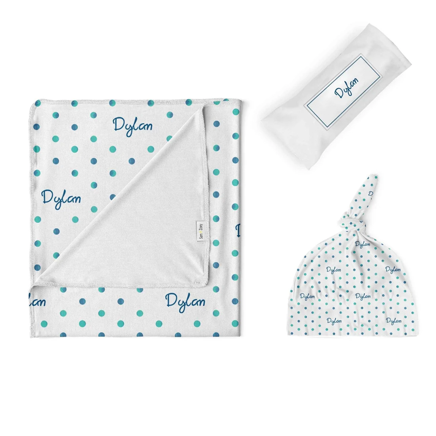 Custom name on watercolor polka dot cotton swaddle set with beanie and pouch
