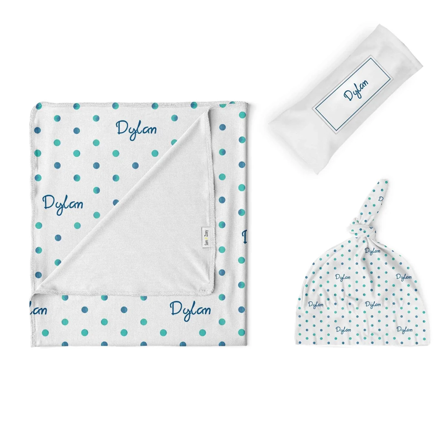 Custom name on watercolor polka dot cotton swaddle set with beanie and pouch
