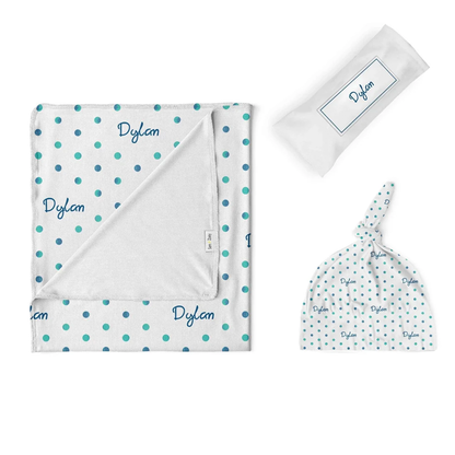 Custom name on watercolor polka dot cotton swaddle set with beanie and pouch
