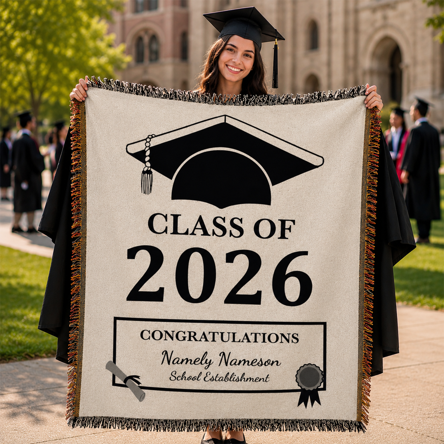 Custom name woven graduation blanket for Class of 2026 high school and college grads
