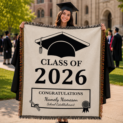 Custom name woven graduation blanket for Class of 2026 high school and college grads

