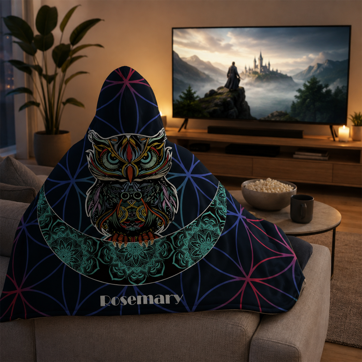 Person wearing personalized wandering owl hooded blanket as meaningful birthday gift
