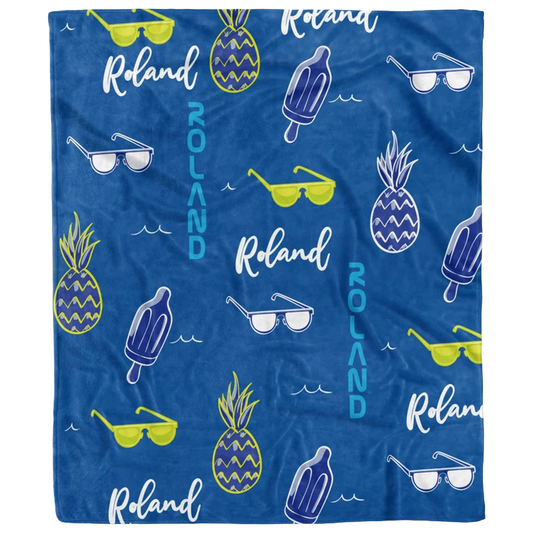 Summery print kids throw blanket personalized with custom name in bright fleece design
