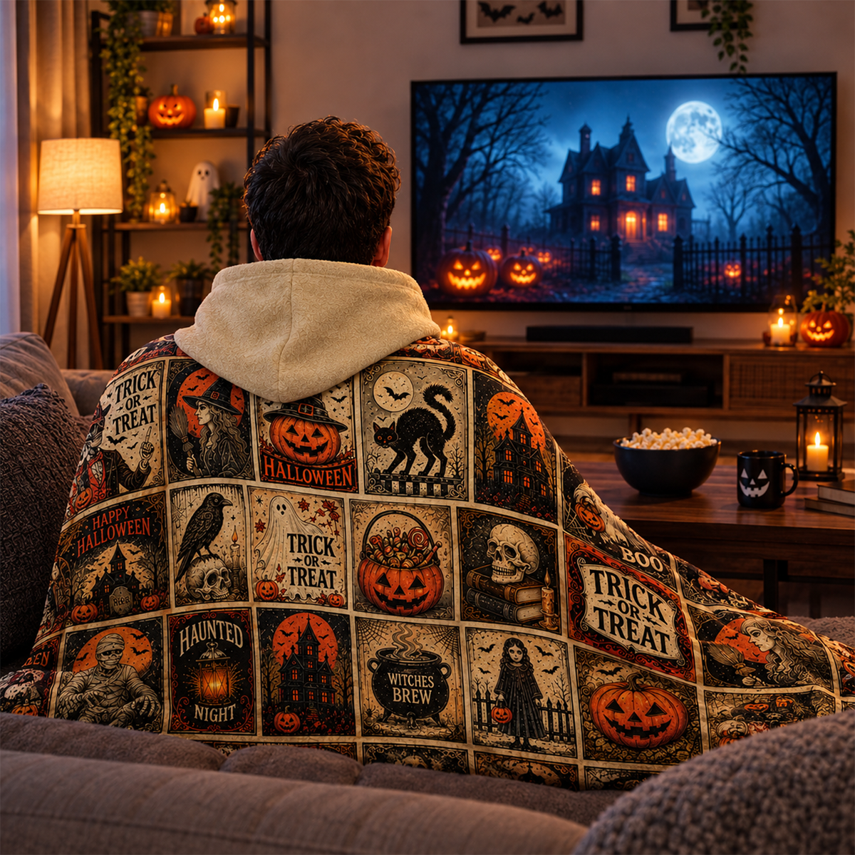 Vintage Halloween Woven Hooded Blanket | Trick or Treat Patchwork Design