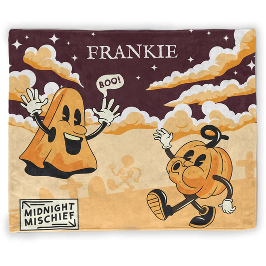 Midnight mischief Halloween throw blanket in spooky retro polyester fleece design
