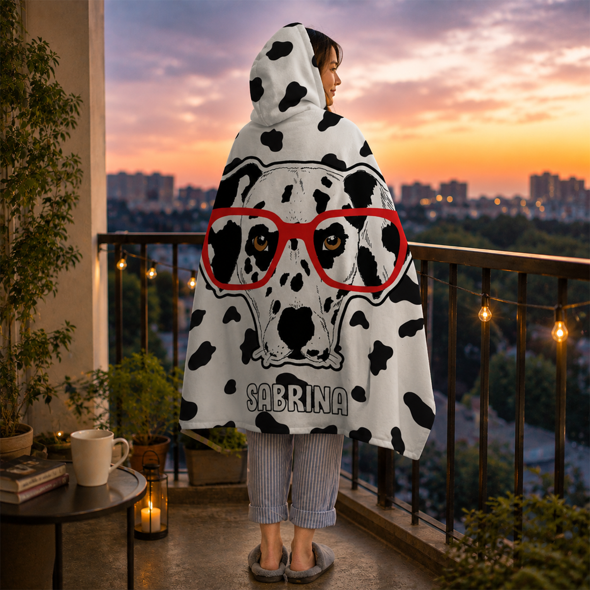 Person wearing personalized daldog hooded blanket as meaningful birthday gift
