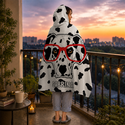 Person wearing personalized daldog hooded blanket as meaningful birthday gift

