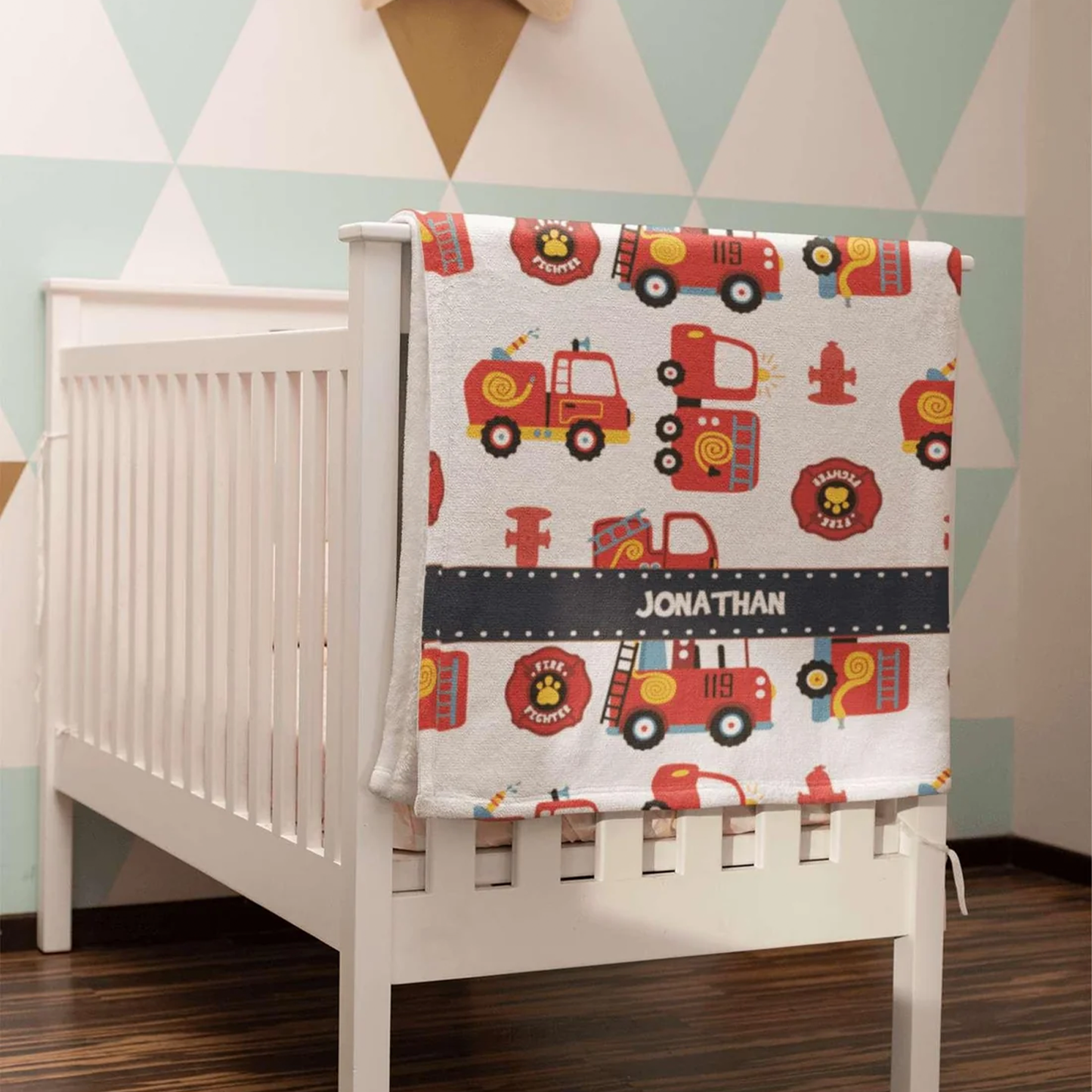 Custom name on fire truck red fleece baby blanket as fun baby boy shower gift
