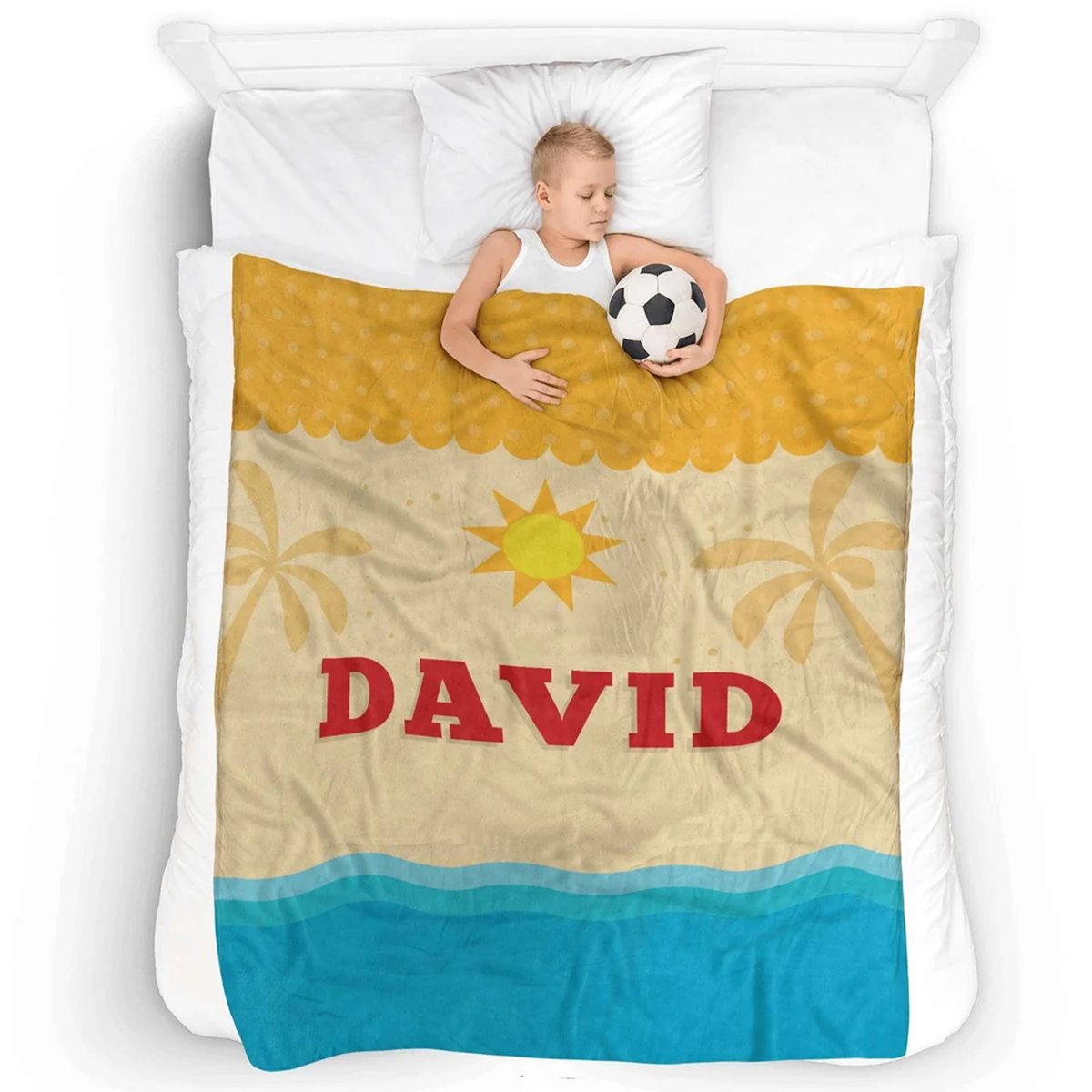 Child wrapped in personalized fun in the sun throw blanket as birthday gift.
