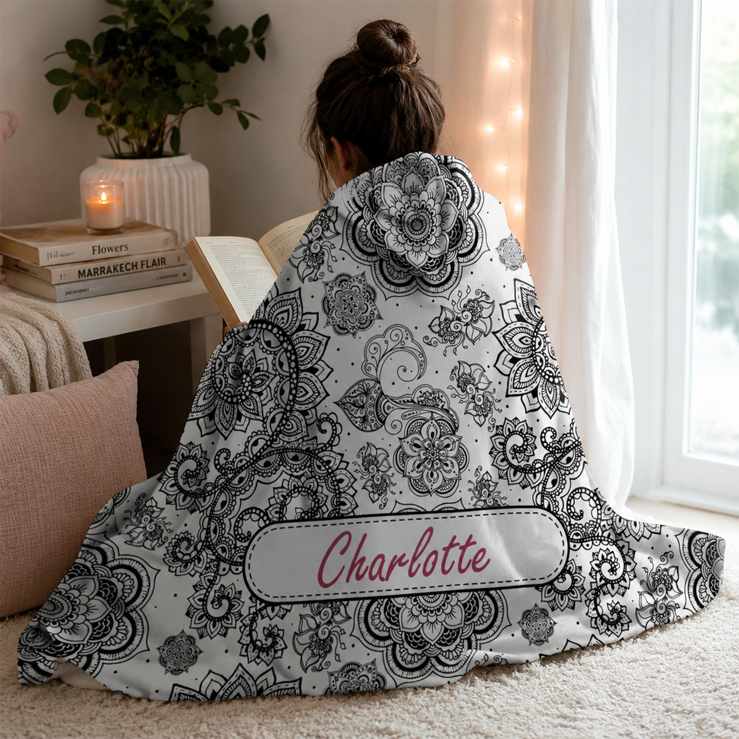 Muted Boho Personalized Hooded Fleece Blanket | Custom Understated Boho Gift for Women