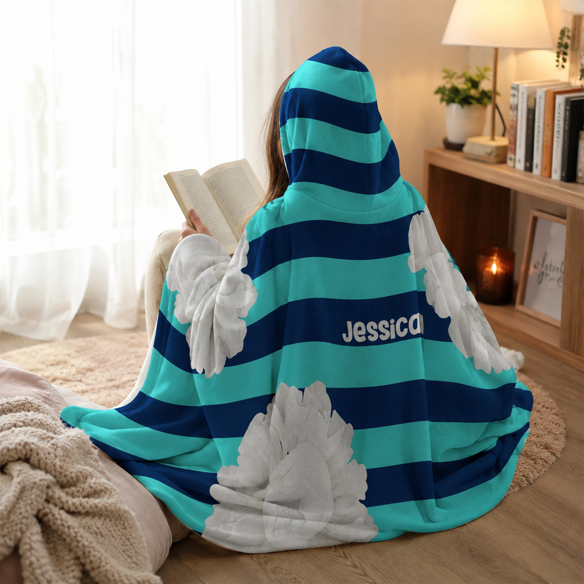 Custom name on bloom Minky fleece hooded wearable blanket for floral loving women and girls
