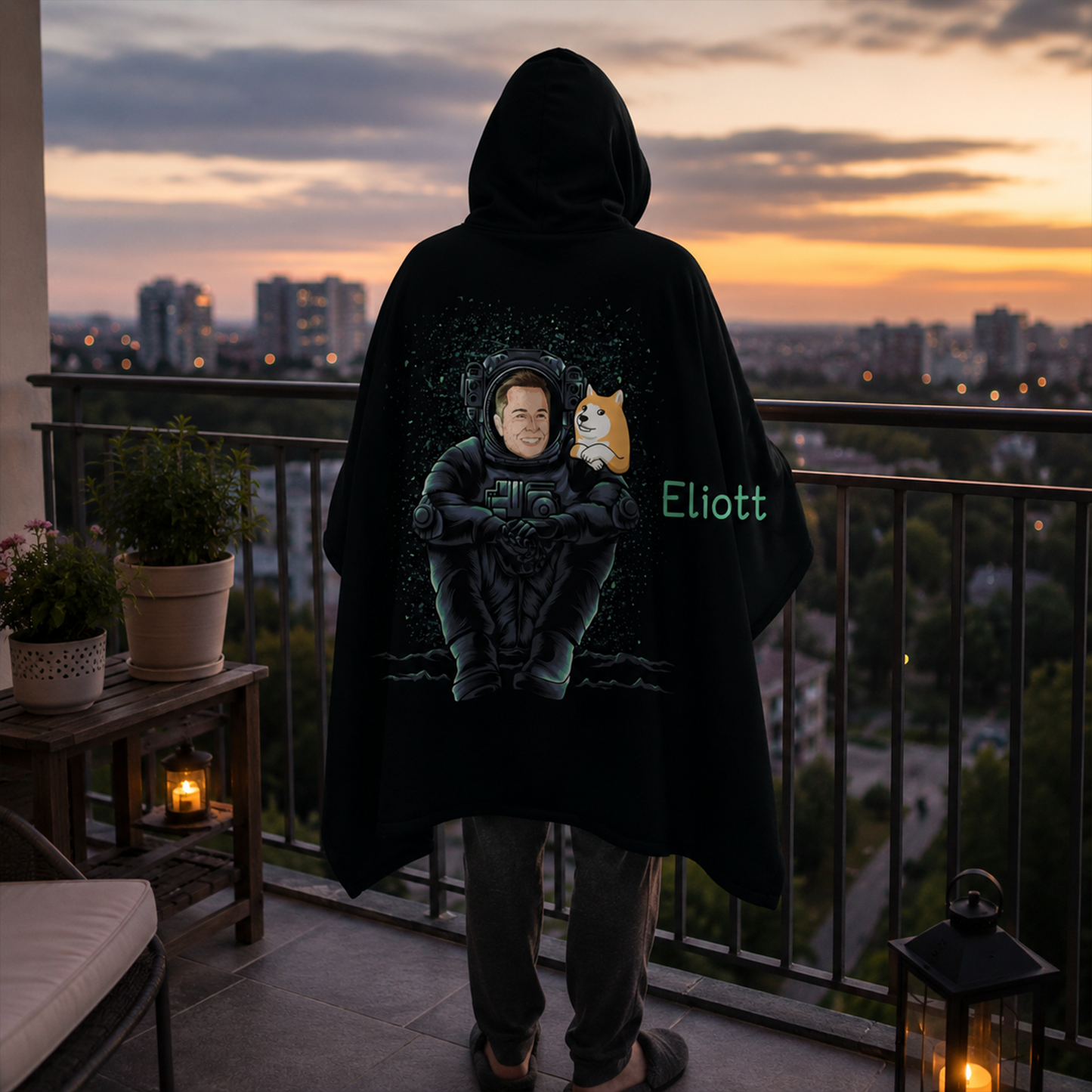 Crypto fan wearing personalized Dogecoin Elon astronaut hooded blanket as birthday gift
