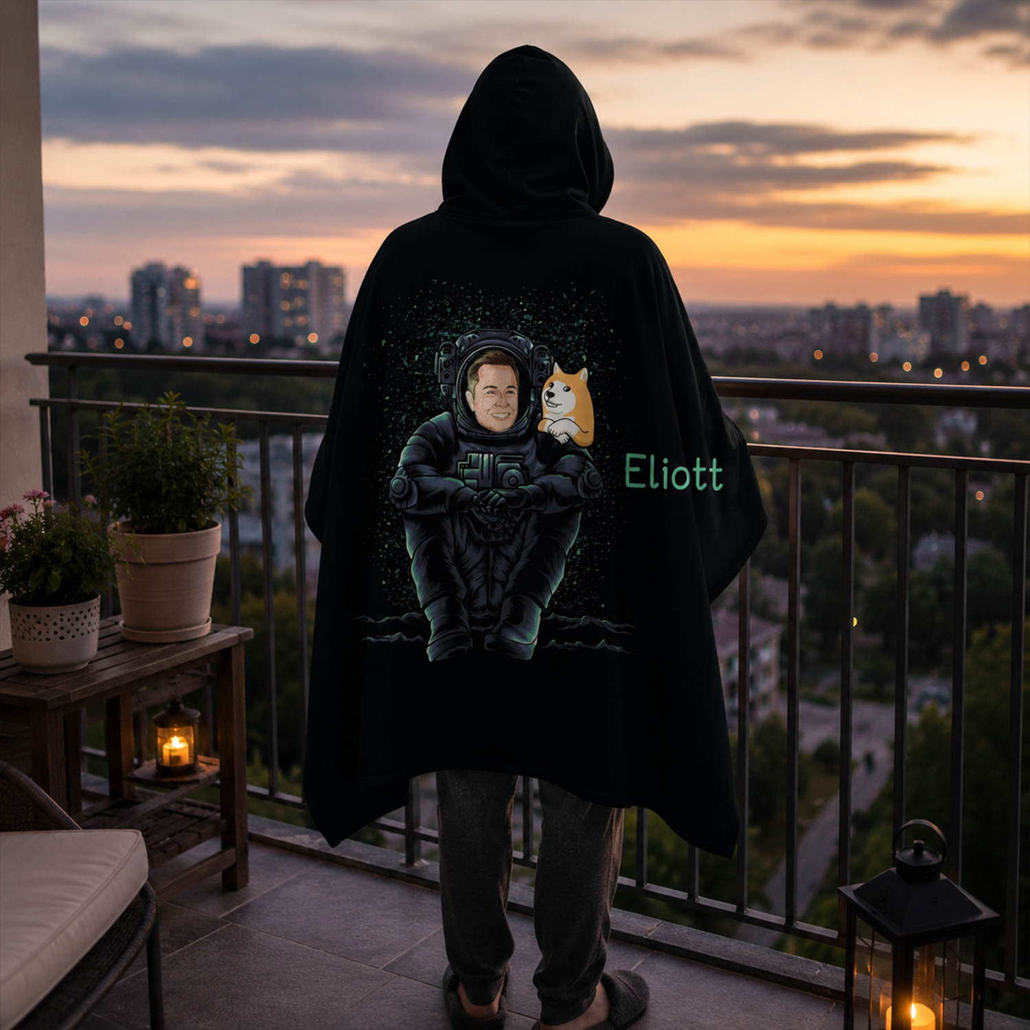 Crypto fan wearing personalized Dogecoin Elon astronaut hooded blanket as birthday gift

