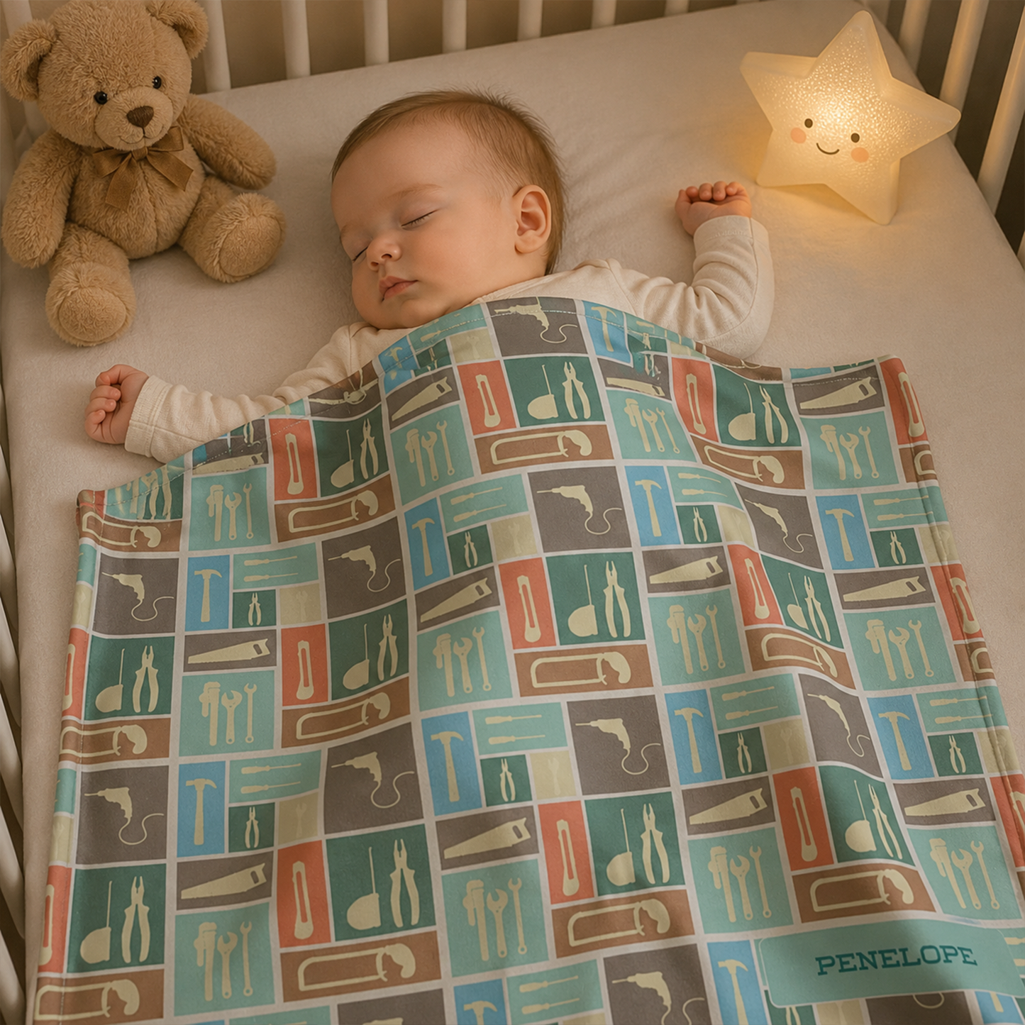 Baby boy wrapped in personalized tool print fleece blanket as practical shower gift
