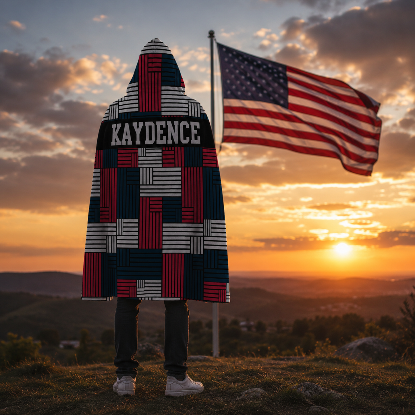 American geo personalized hooded blanket laid flat showing full 47 by 78 inch size
