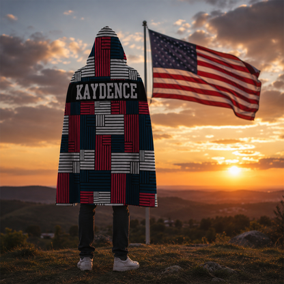 American geo personalized hooded blanket laid flat showing full 47 by 78 inch size
