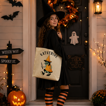 Custom name on retro Halloween witch cotton canvas tote bag for trick or treat season
