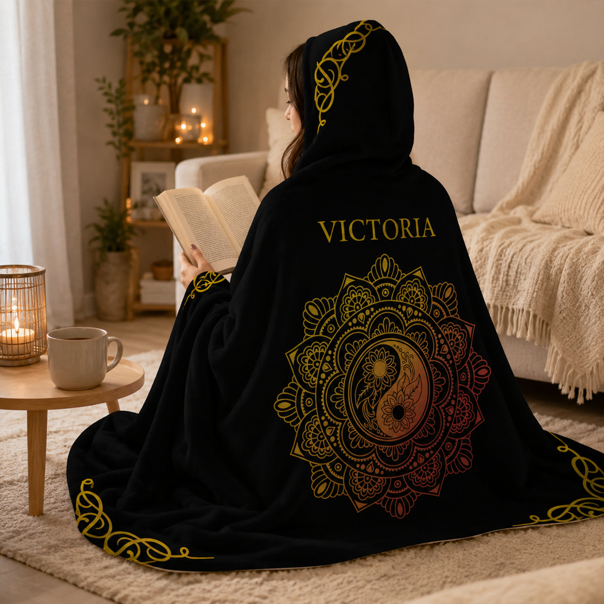 Custom name on gold lotus Minky fleece hooded wearable blanket for spiritual boho women
